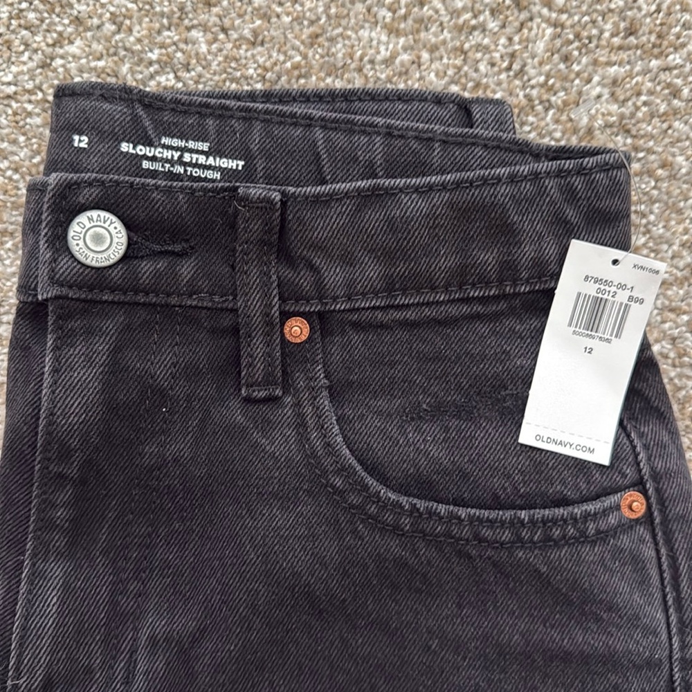 Girls 12 high rise, slouchy straight black Jean